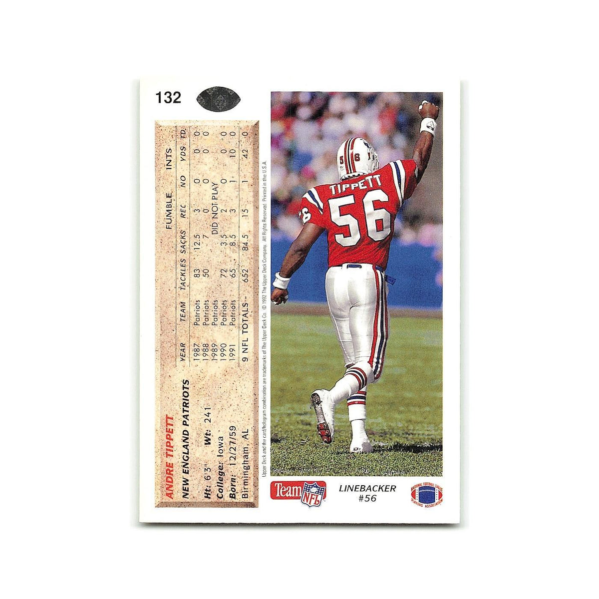 Andre Tippett 1992 Upper Deck #132 New England Patriots Football Card NM