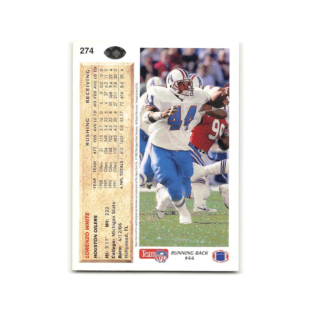 Lorenzo White 1992 Upper Deck #274 Houston Oilers Football Card NM