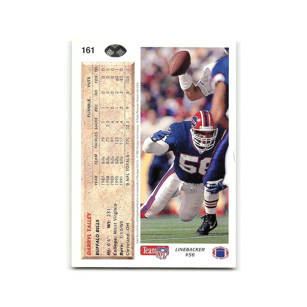 Darryl Talley 1992 Upper Deck #161 Buffalo Bills Football Card NM