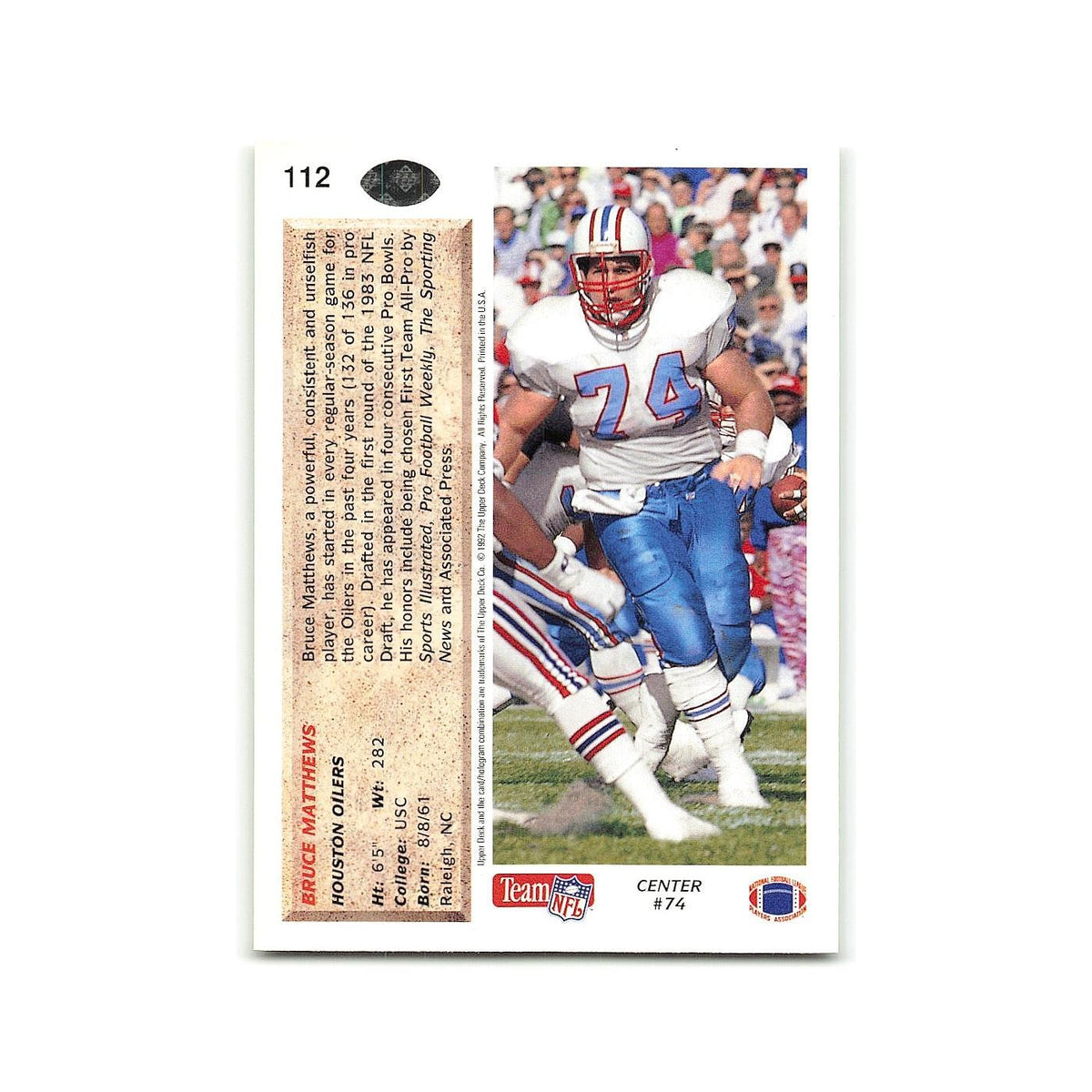 Bruce Matthews 1992 Upper Deck #112 Houston Oilers Football Card NM