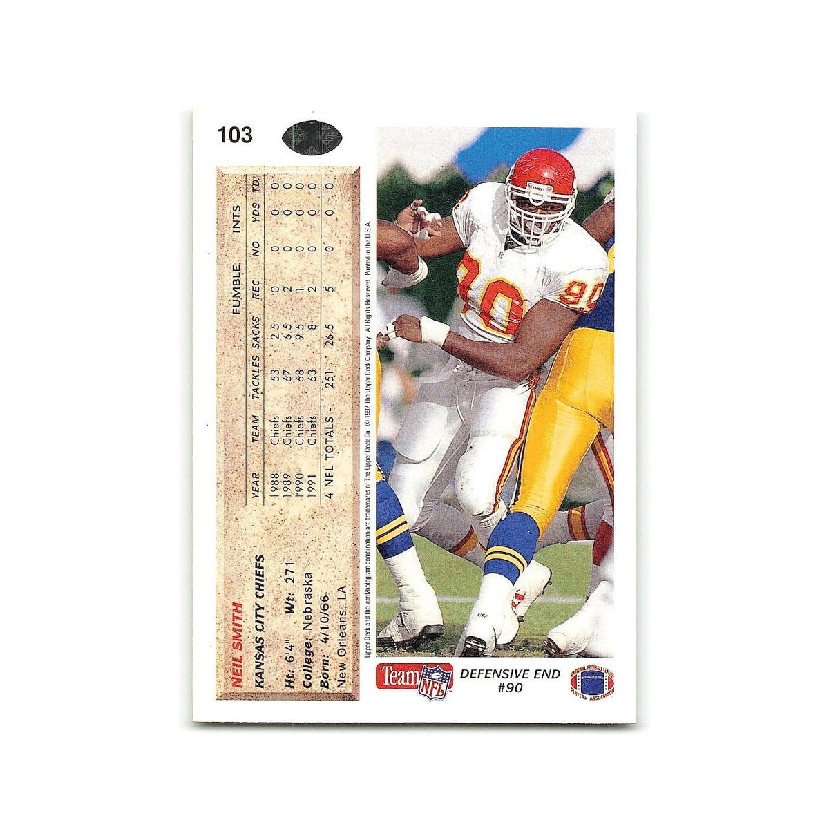 Neil Smith 1992 Upper Deck #103 Kansas City Chiefs Football Card NM