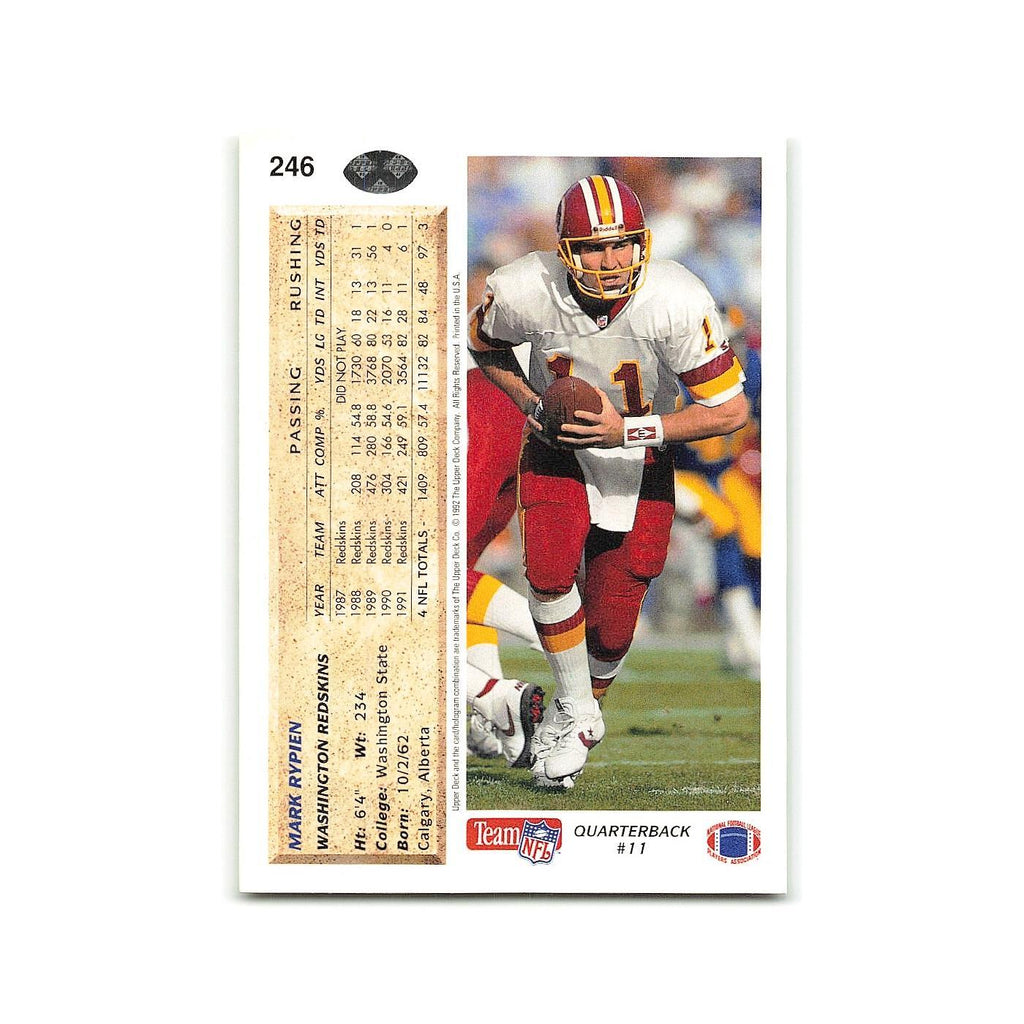 Mark Rypien 1992 Upper Deck #246 Washington Redskins Football Card NM
