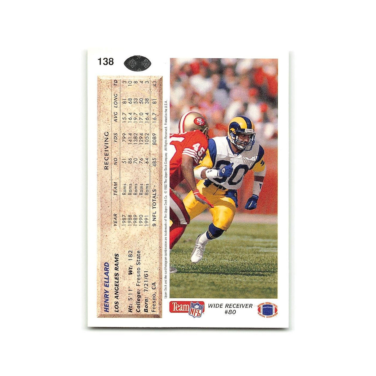 Henry Ellard 1992 Upper Deck #138 Los Angeles Rams Football Card NM