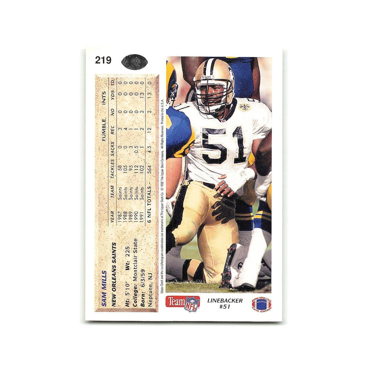 Sam Mills 1992 Upper Deck #219 New Orleans Saints Football Card NM