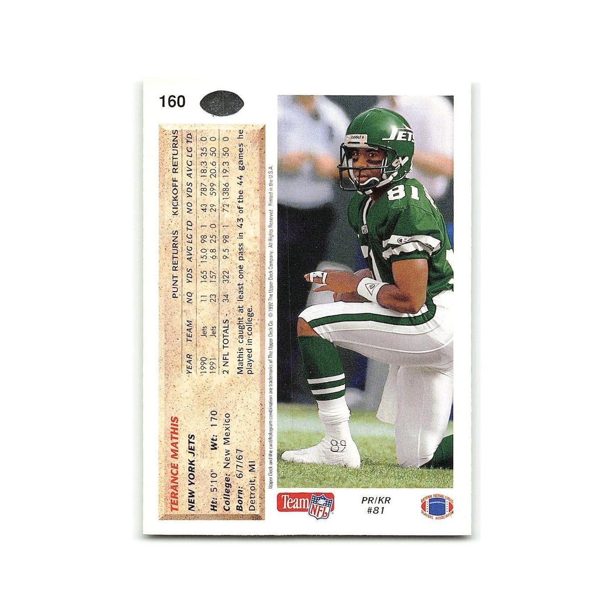 Terance Mathis 1992 Upper Deck #160 New York Jets Football Card NM