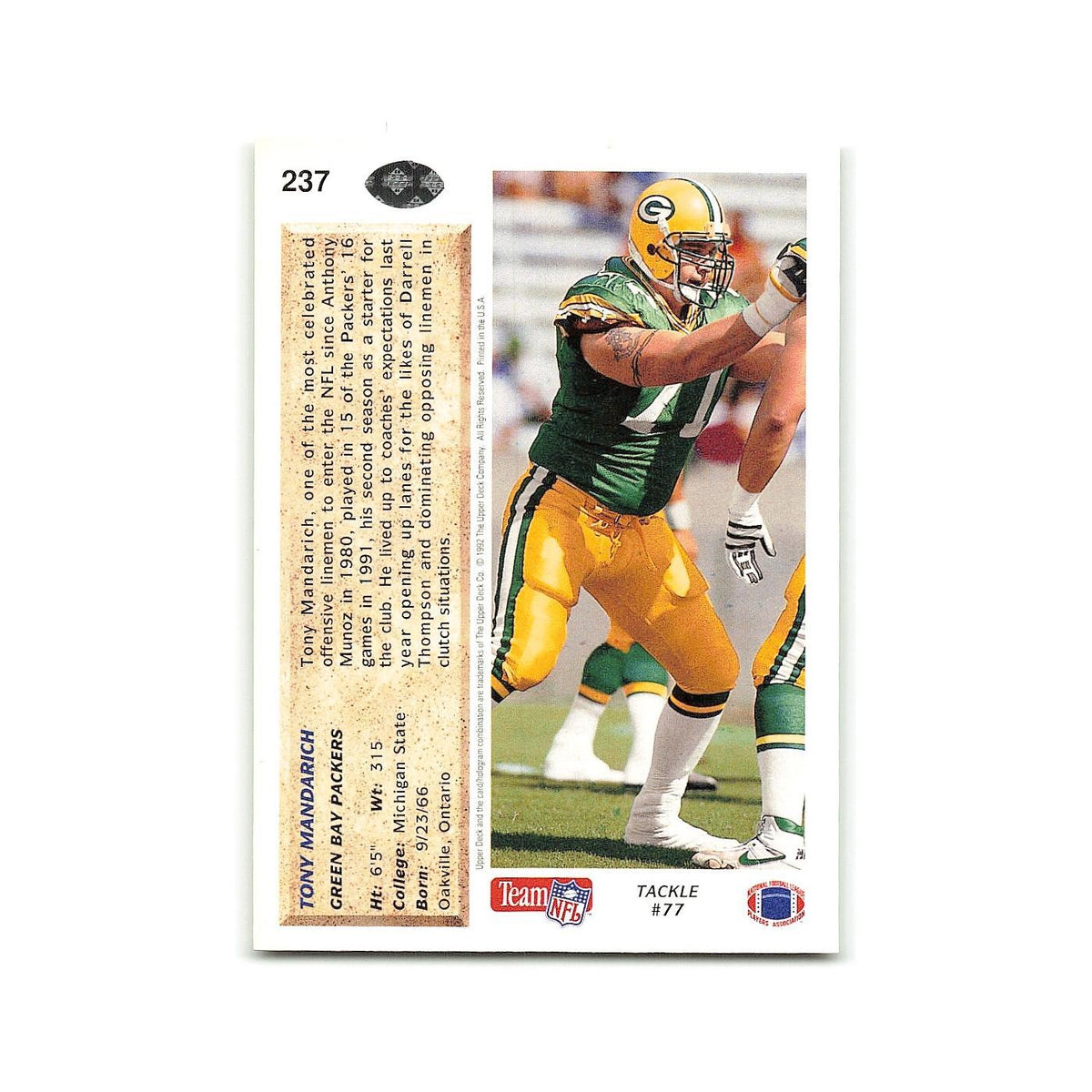 Tony Mandarich 1992 Upper Deck #237 Green Bay Packers Football Card NM