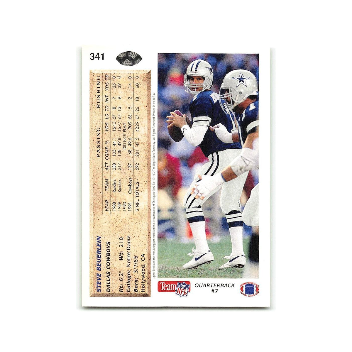 Steve Beuerlein 1992 Upper Deck #341 Dallas Cowboys Football Card NM