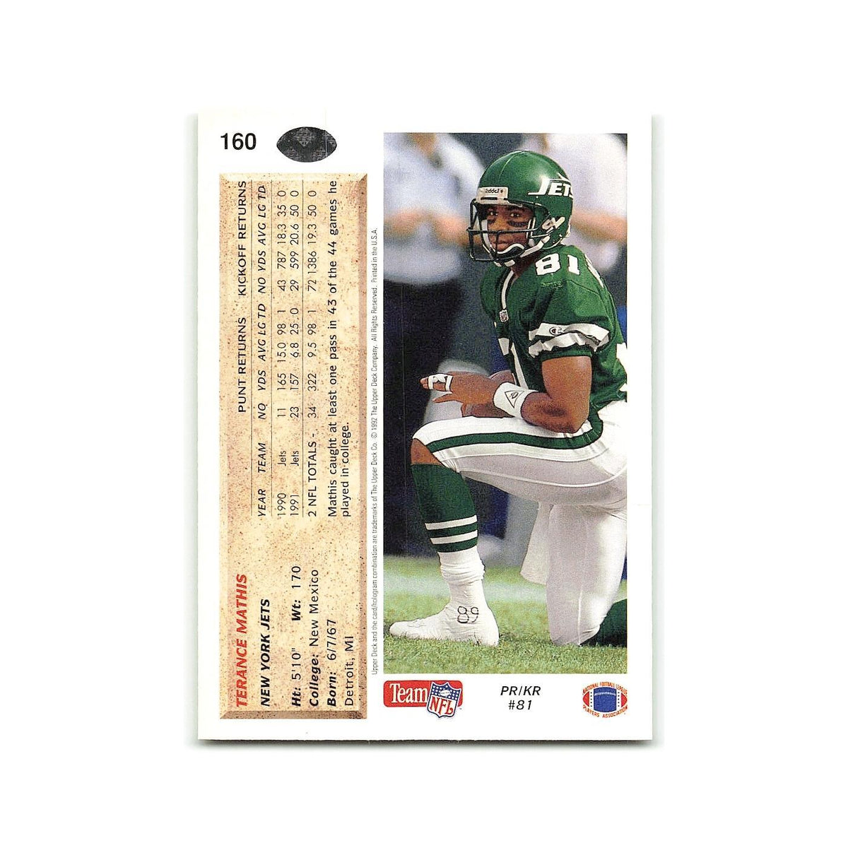 Terance Mathis 1992 Upper Deck #160 New York Jets Football Card NM