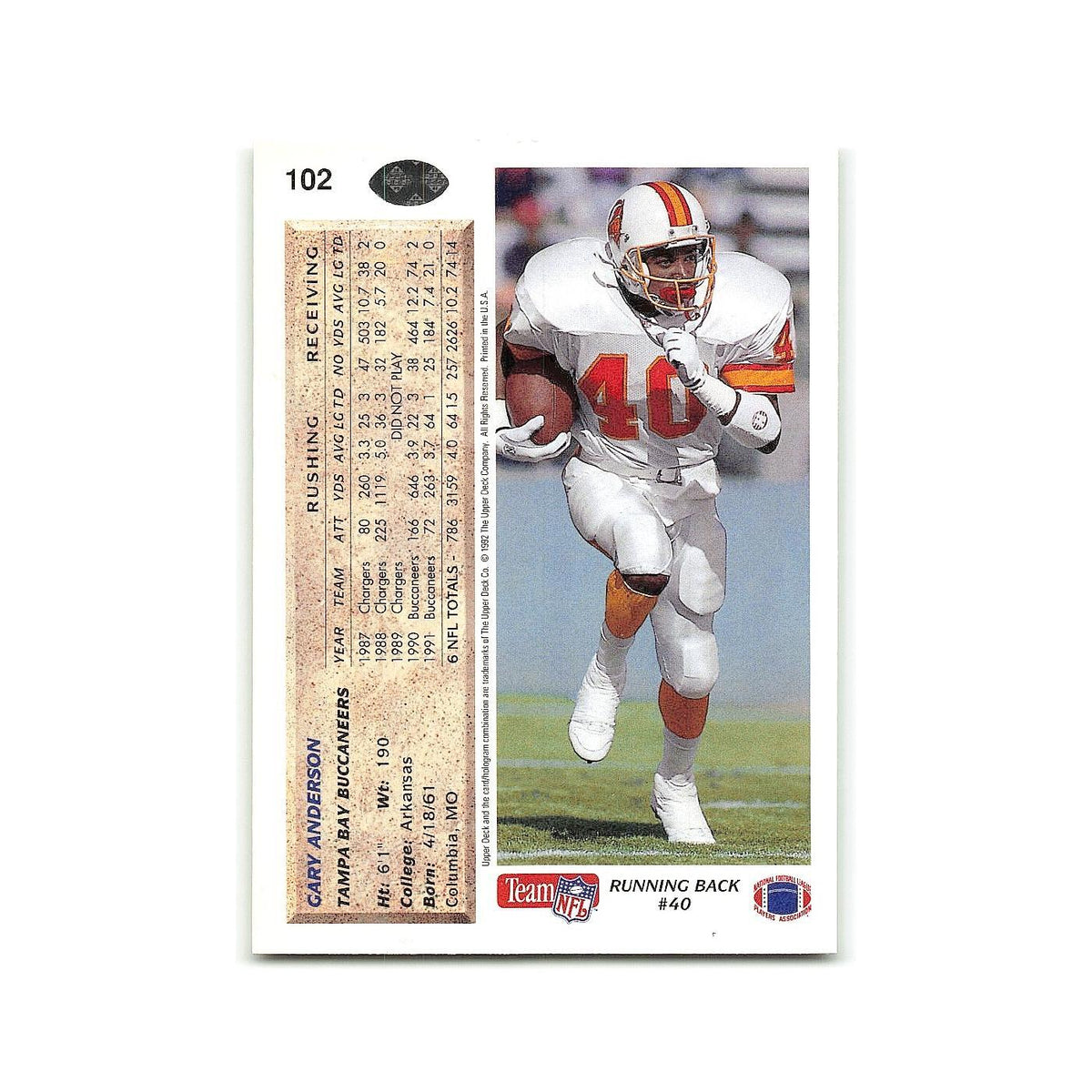Gary Anderson 1992 Upper Deck #102 Tampa Bay Buccaneers Football Card NM