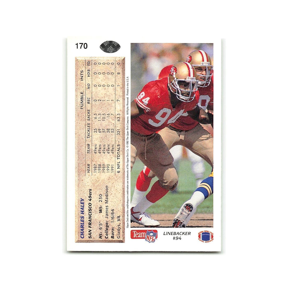 Charles Haley 1992 Upper Deck #170 San Francisco 49ers Football Card NM
