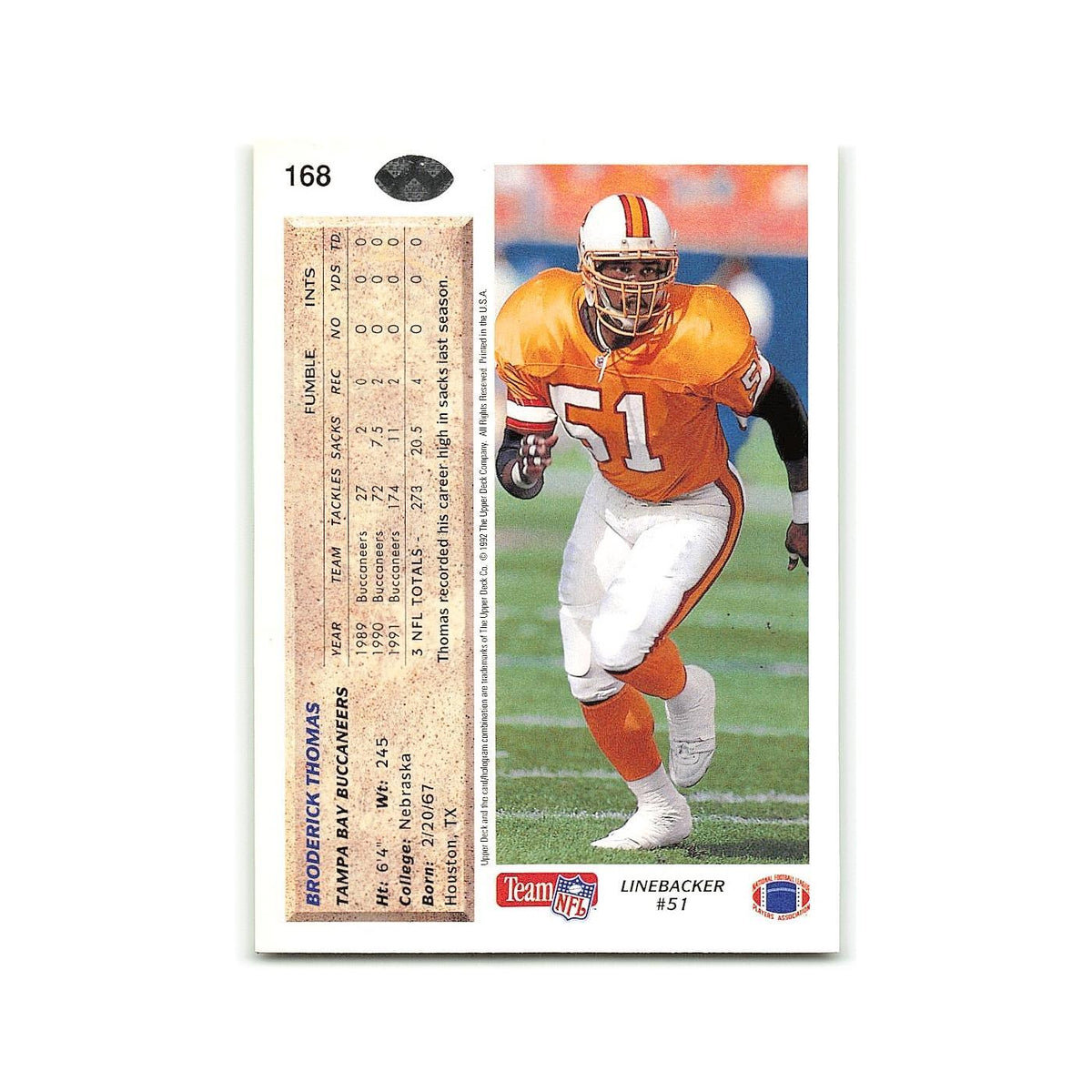 Broderick Thomas 1992 Upper Deck #168 Tampa Bay Buccaneers Football Card NM