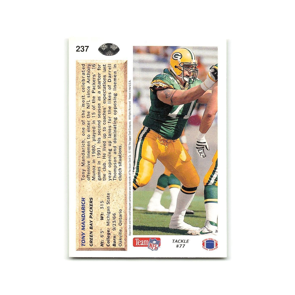 Tony Mandarich 1992 Upper Deck #237 Green Bay Packers Football Card NM
