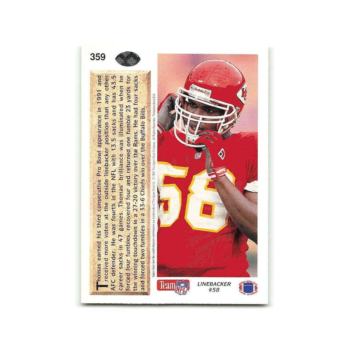 Derrick Thomas 1992 Upper Deck #359 Kansas City Chiefs Football Card NM