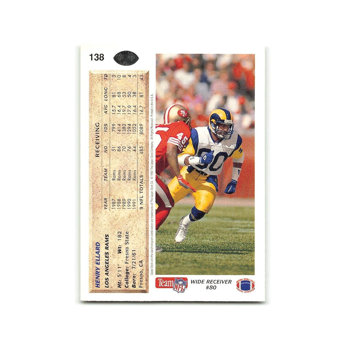 Henry Ellard 1992 Upper Deck #138 Los Angeles Rams Football Card NM