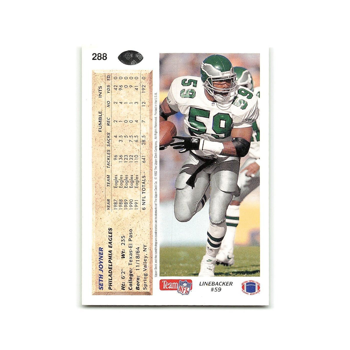 Seth Joyner 1992 Upper Deck #288 Philadelphia Eagles Football Card NM