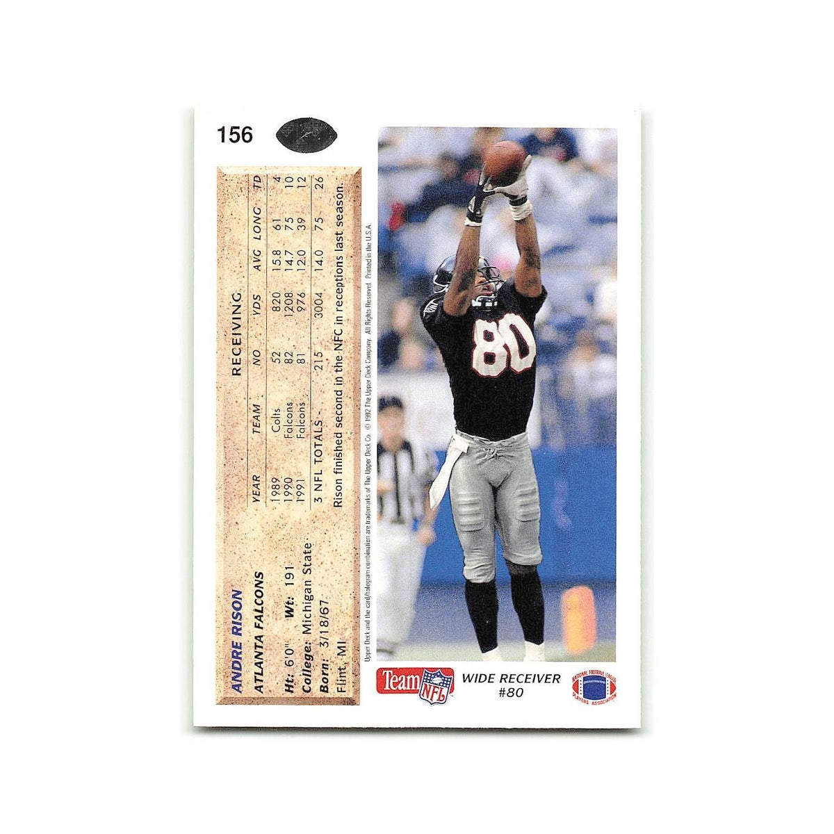 Andre Rison 1992 Upper Deck #156 Atlanta Falcons Football Card NM