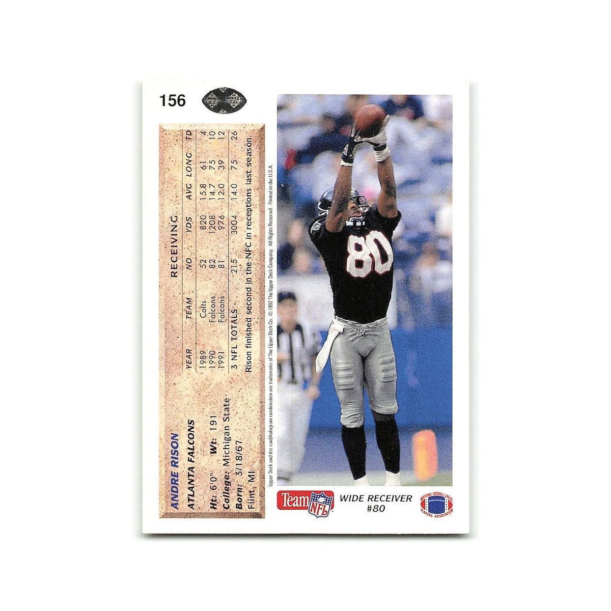 Andre Rison 1992 Upper Deck #156 Atlanta Falcons Football Card NM