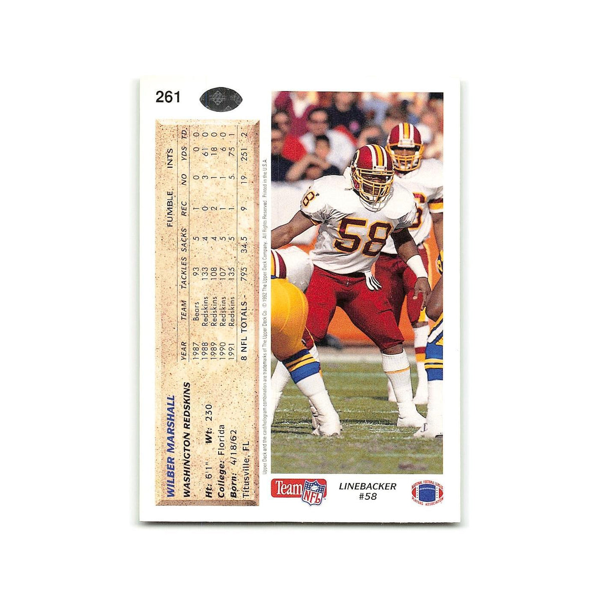 Wilber Marshall 1992 Upper Deck #261 Washington Redskins Football Card NM