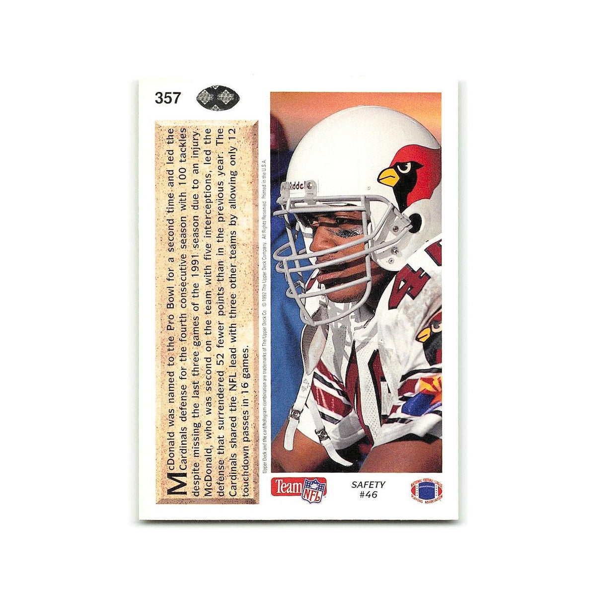 Tim McDonald 1992 Upper Deck #357 Phoenix Cardinals Football Card NM