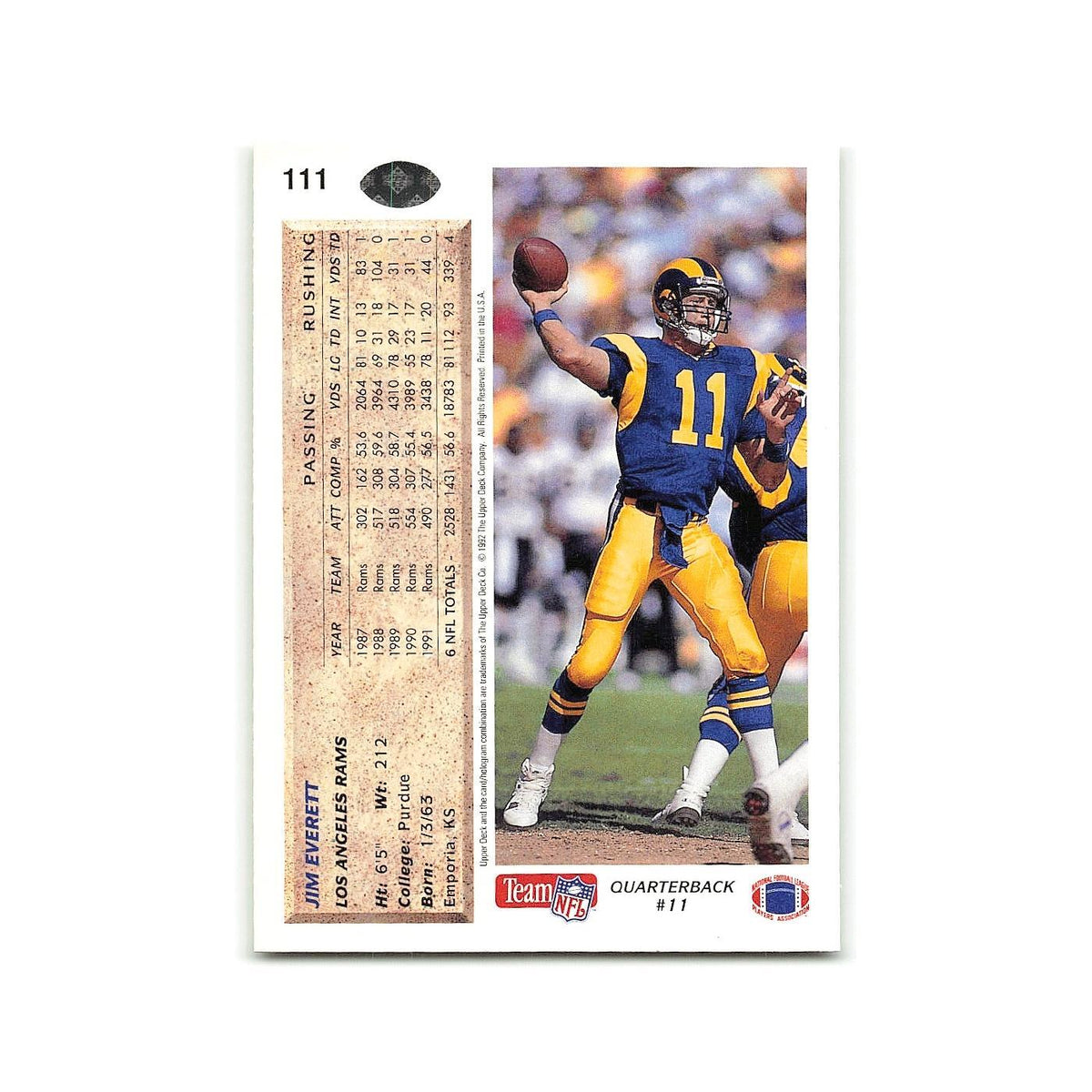 Jim Everett 1992 Upper Deck #111 Los Angeles Rams Football Card NM