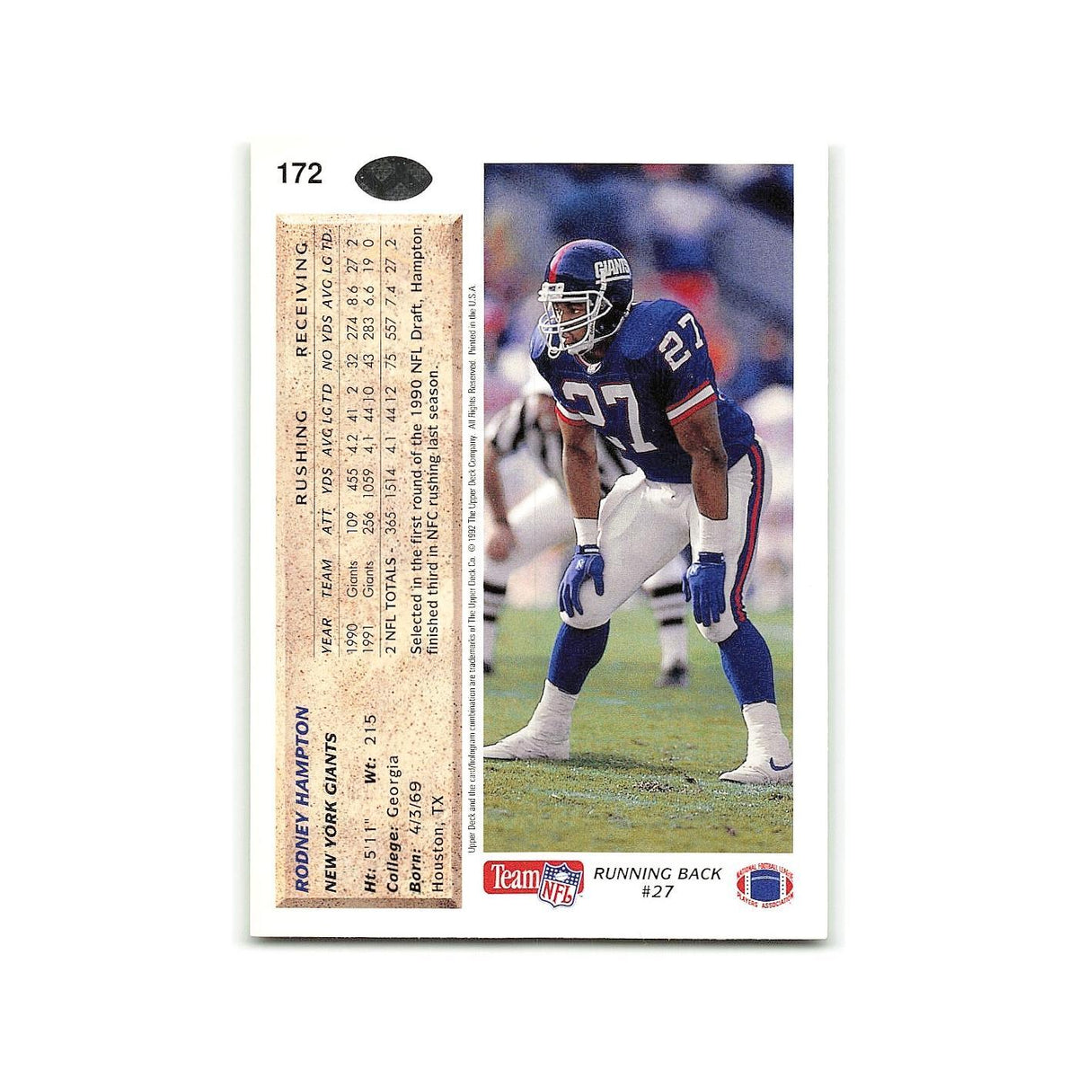 Rodney Hampton 1992 Upper Deck #172 New York Giants Football Card NM