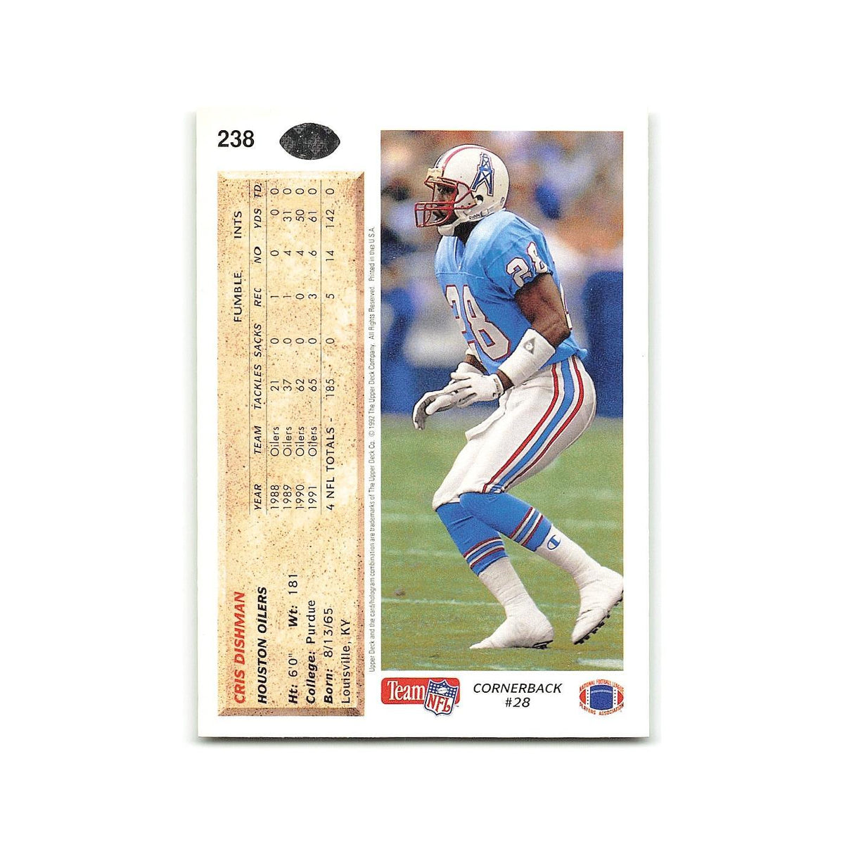 Cris Dishman 1992 Upper Deck #238 Houston Oilers Football Card NM