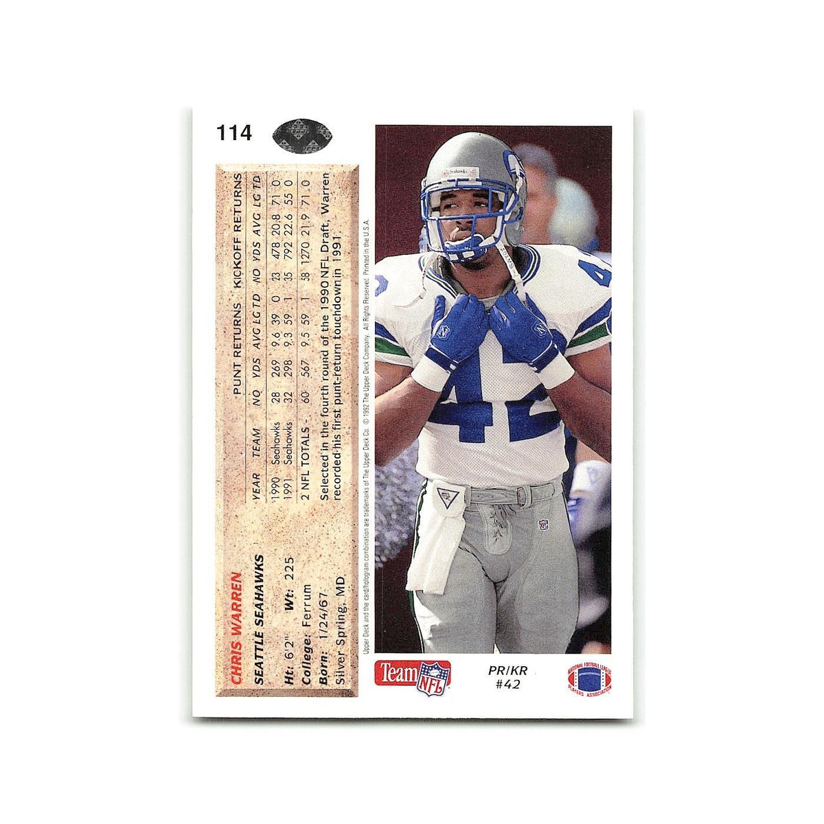 Chris Warren 1992 Upper Deck #114 Seattle Seahawks Football Card NM