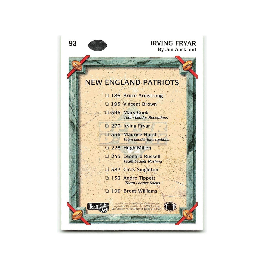 Irving Fryar 1992 Upper Deck #93 New England Patriots Football Card NM