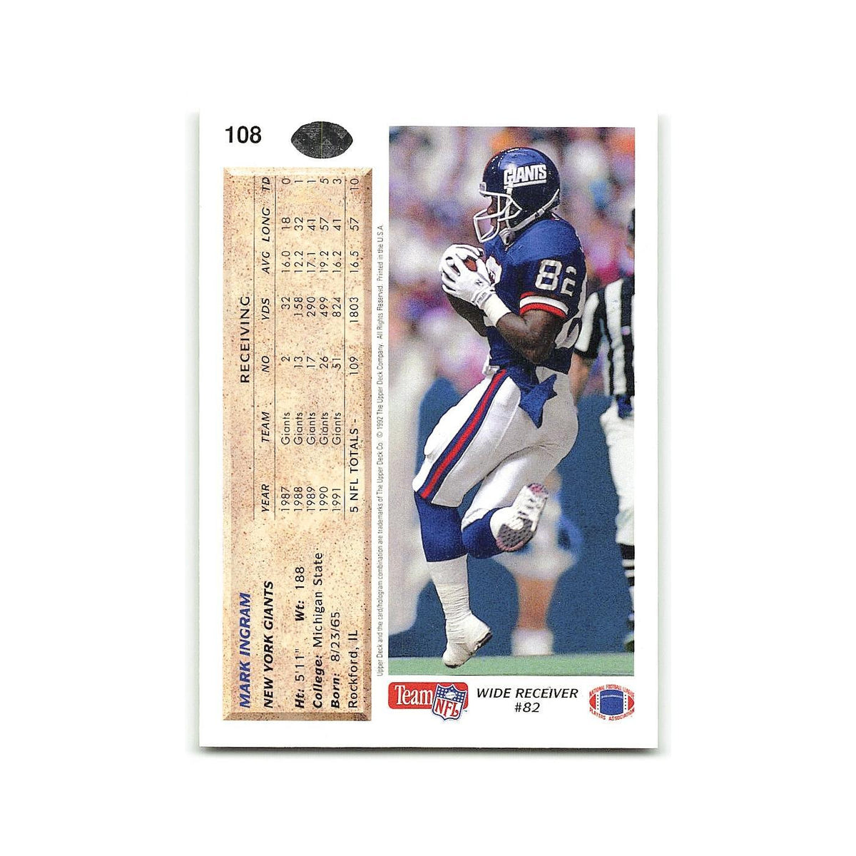 Mark Ingram 1992 Upper Deck #108 New York Giants Football Card NM