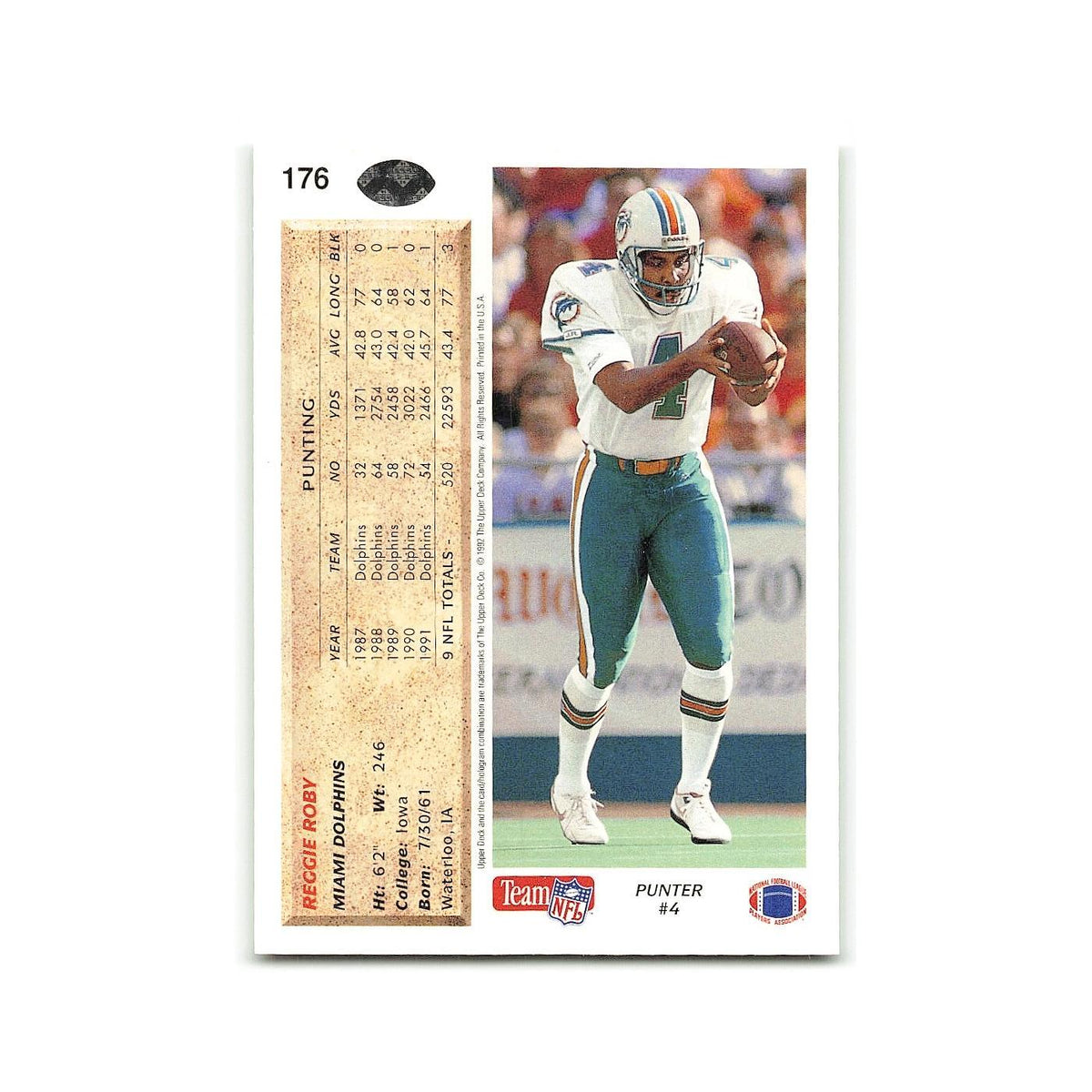 Reggie Roby 1992 Upper Deck #176 Miami Dolphins Football Card NM