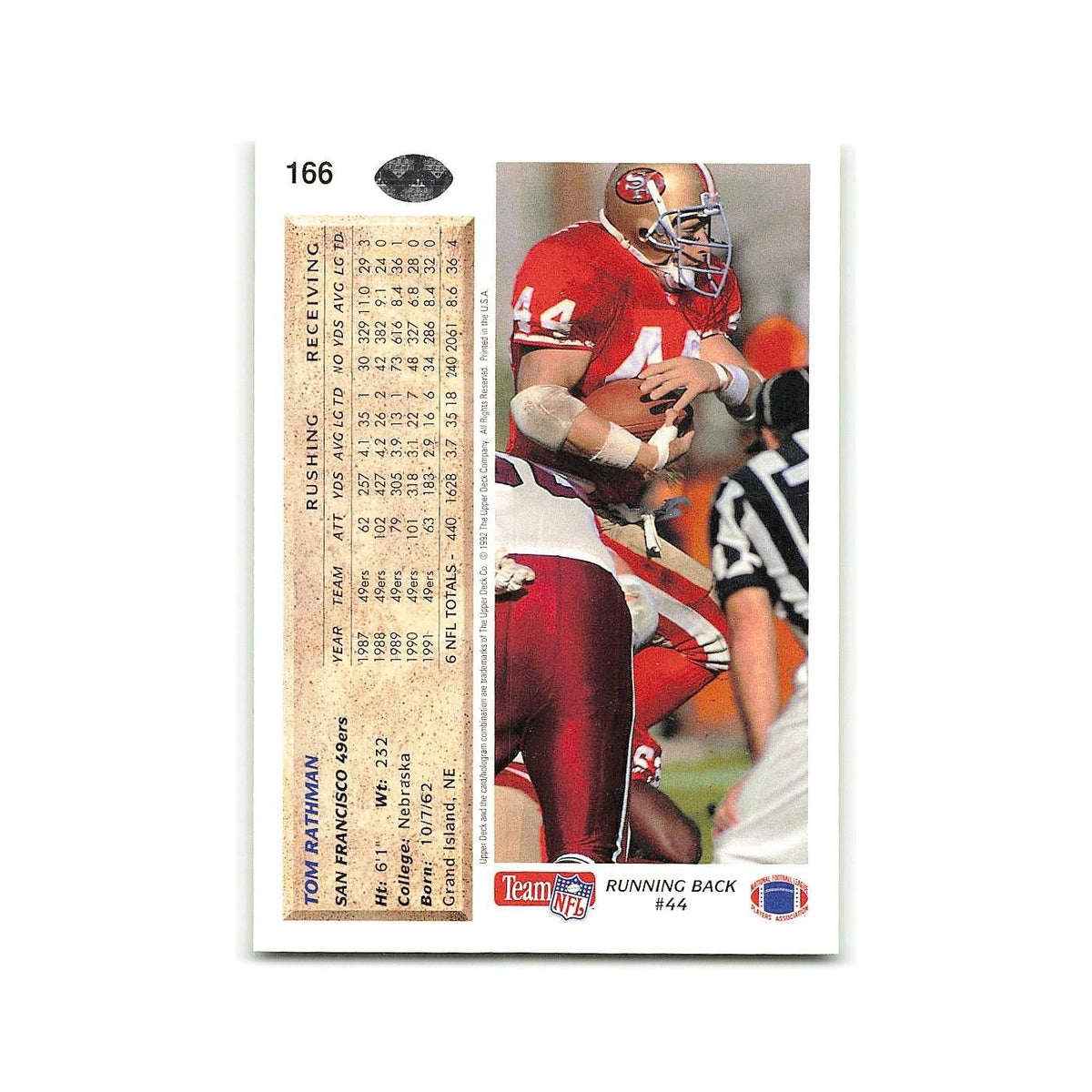 Tom Rathman 1992 Upper Deck #166 San Francisco 49ers Football Card NM