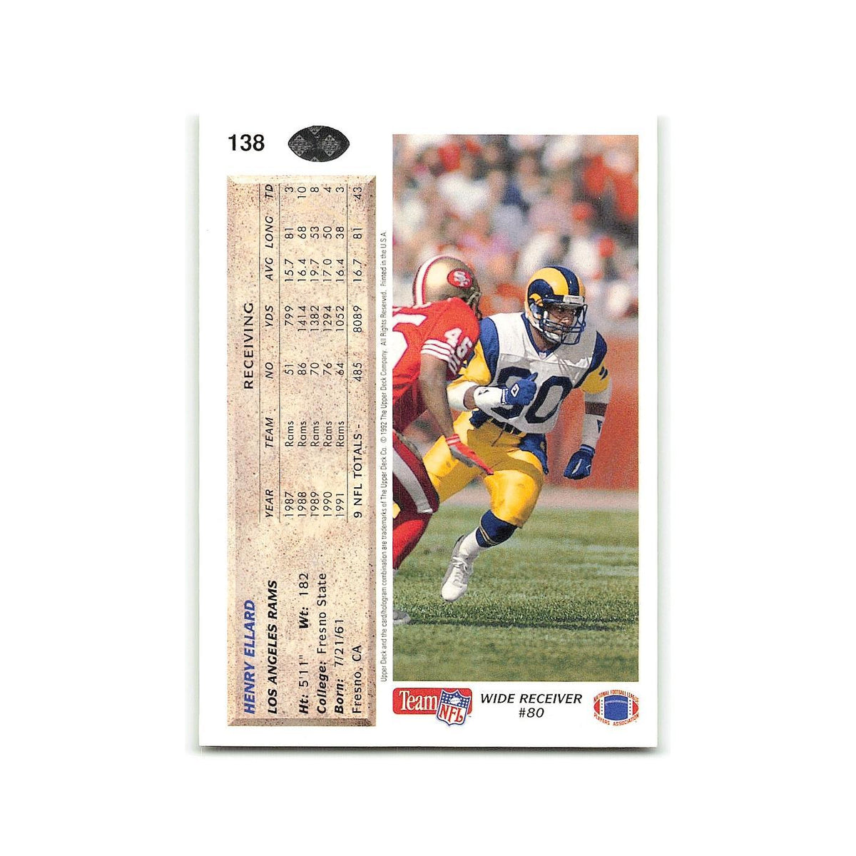 Henry Ellard 1992 Upper Deck #138 Los Angeles Rams Football Card NM