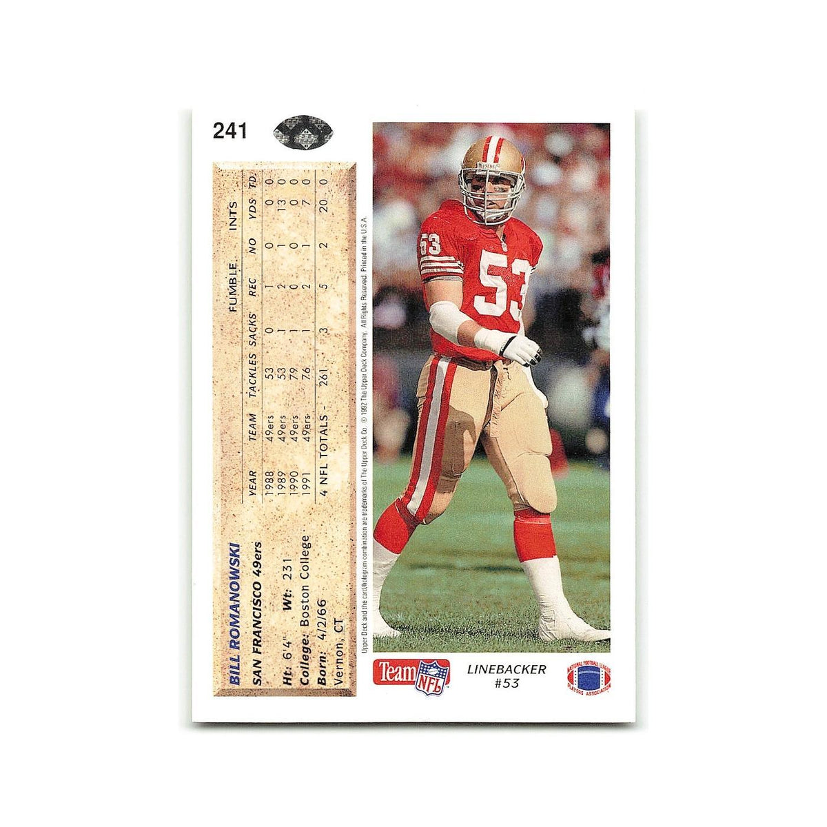 Bill Romanowski 1992 Upper Deck #241 San Francisco 49ers Football Card NM