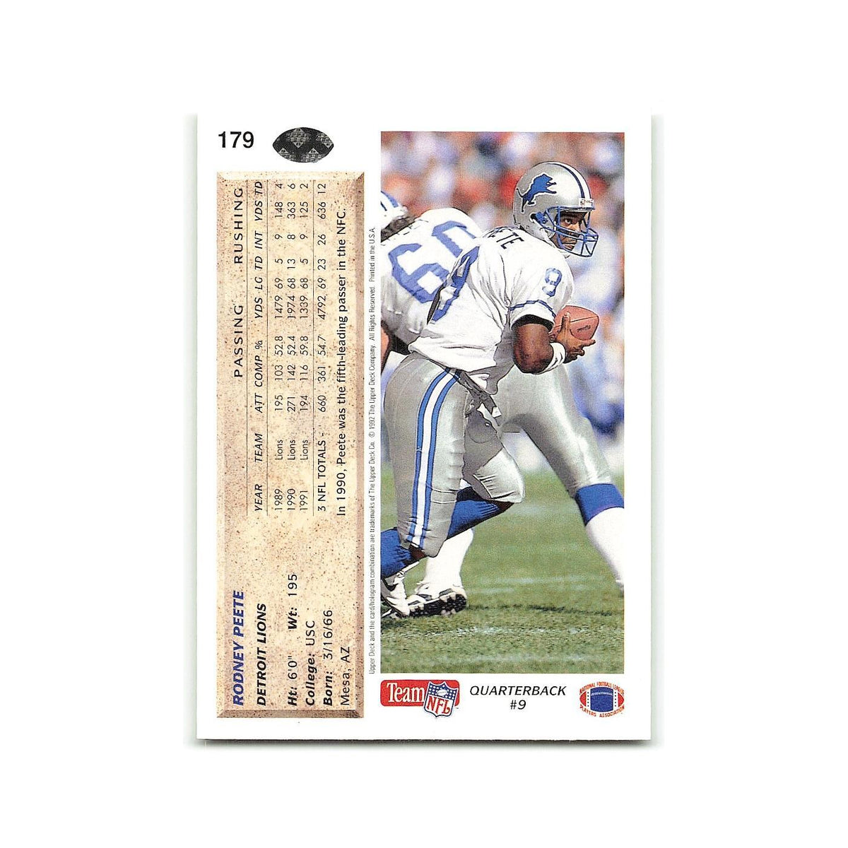 Rodney Peete 1992 Upper Deck #179 Detroit Lions Football Card NM