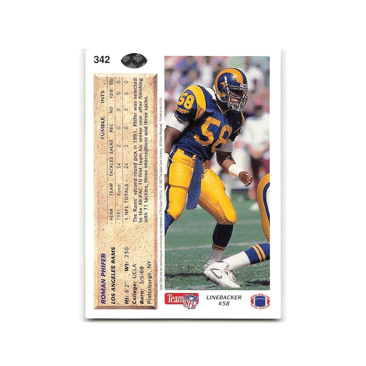 Roman Phifer 1992 Upper Deck #342 Los Angeles Rams Football Card NM