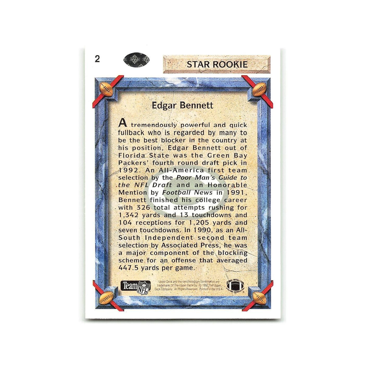 Edgar Bennett Rookie 1992 Upper Deck #2 Green Bay Packers Football Card NM