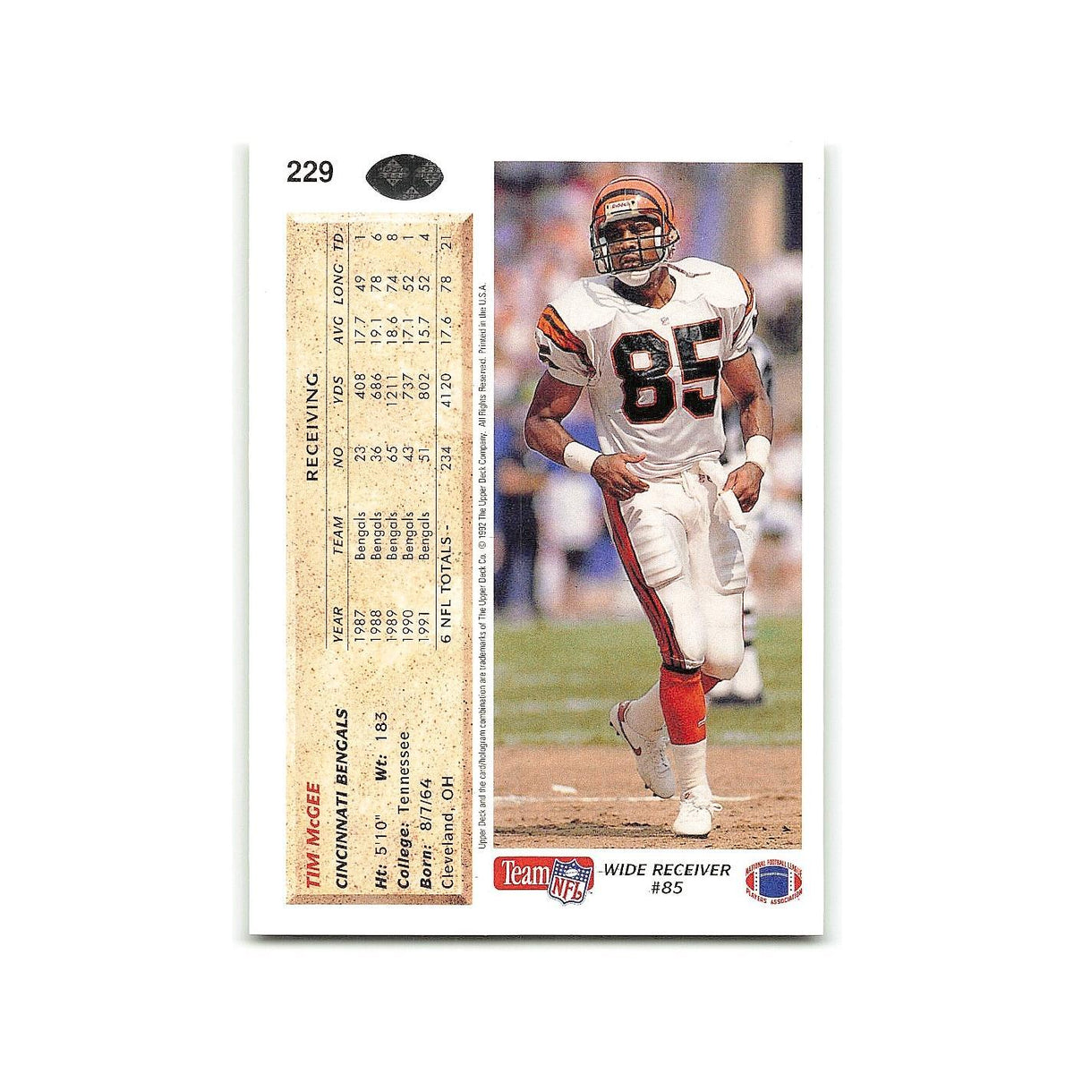 Tim McGee 1992 Upper Deck #229 Cincinnati Bengals Football Card NM
