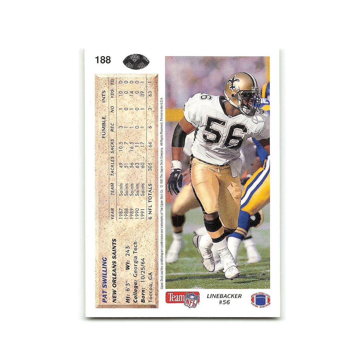 Pat Swilling 1992 Upper Deck #188 New Orleans Saints Football Card NM