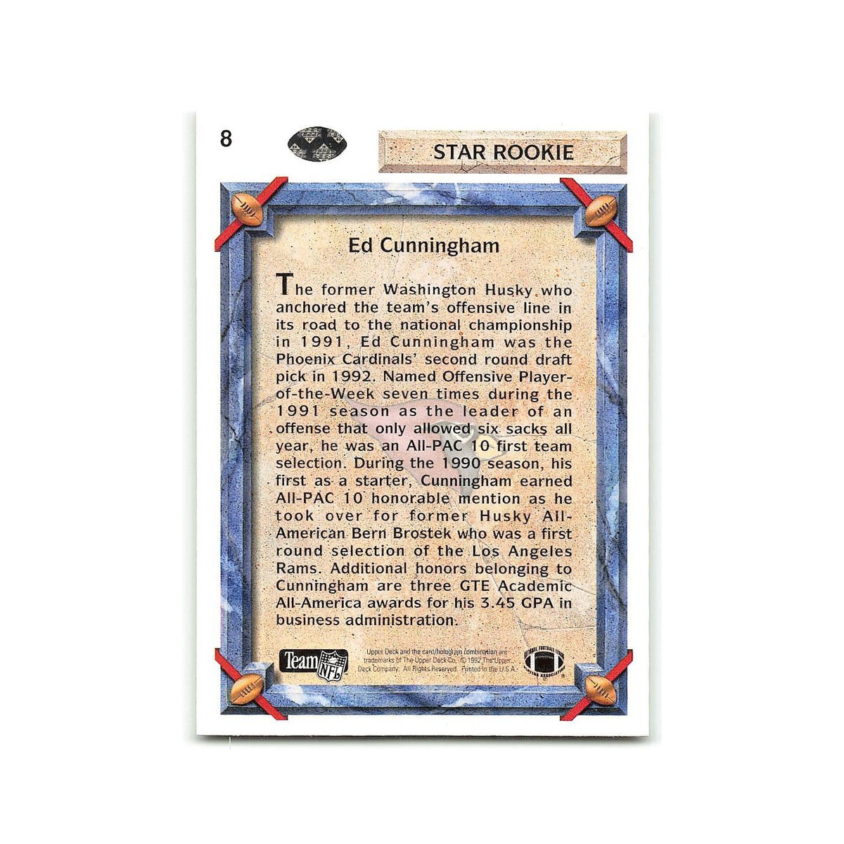 Ed Cunningham Rookie 1992 Upper Deck #8 Phoenix Cardinals Football Card NM