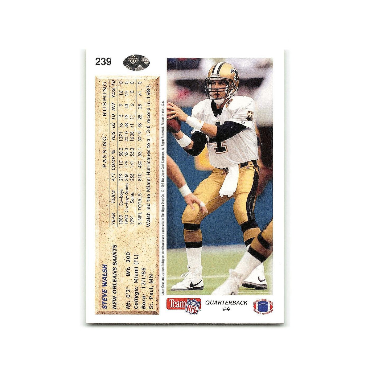 Steve Walsh 1992 Upper Deck #239 New Orleans Saints Football Card NM