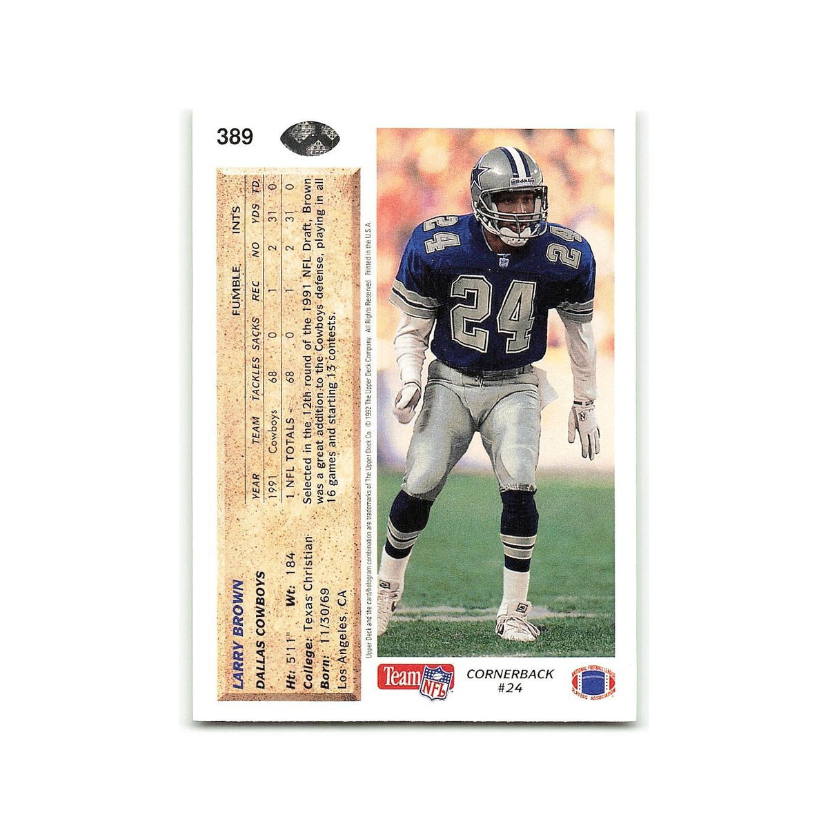 Larry Brown 1992 Upper Deck #389 Dallas Cowboys Football Card NM