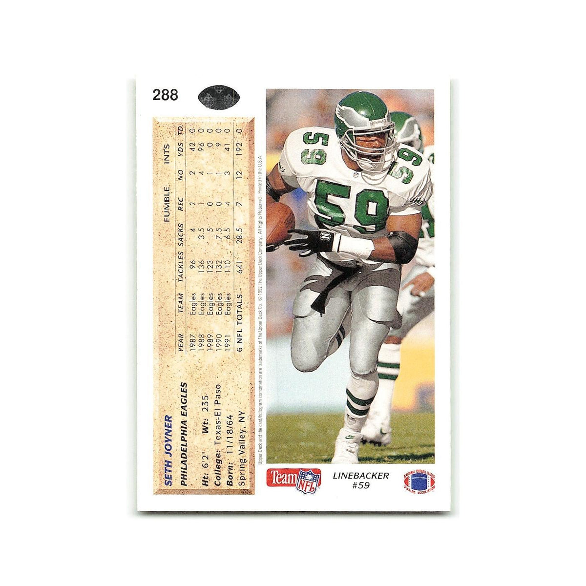 Seth Joyner 1992 Upper Deck #288 Philadelphia Eagles Football Card NM