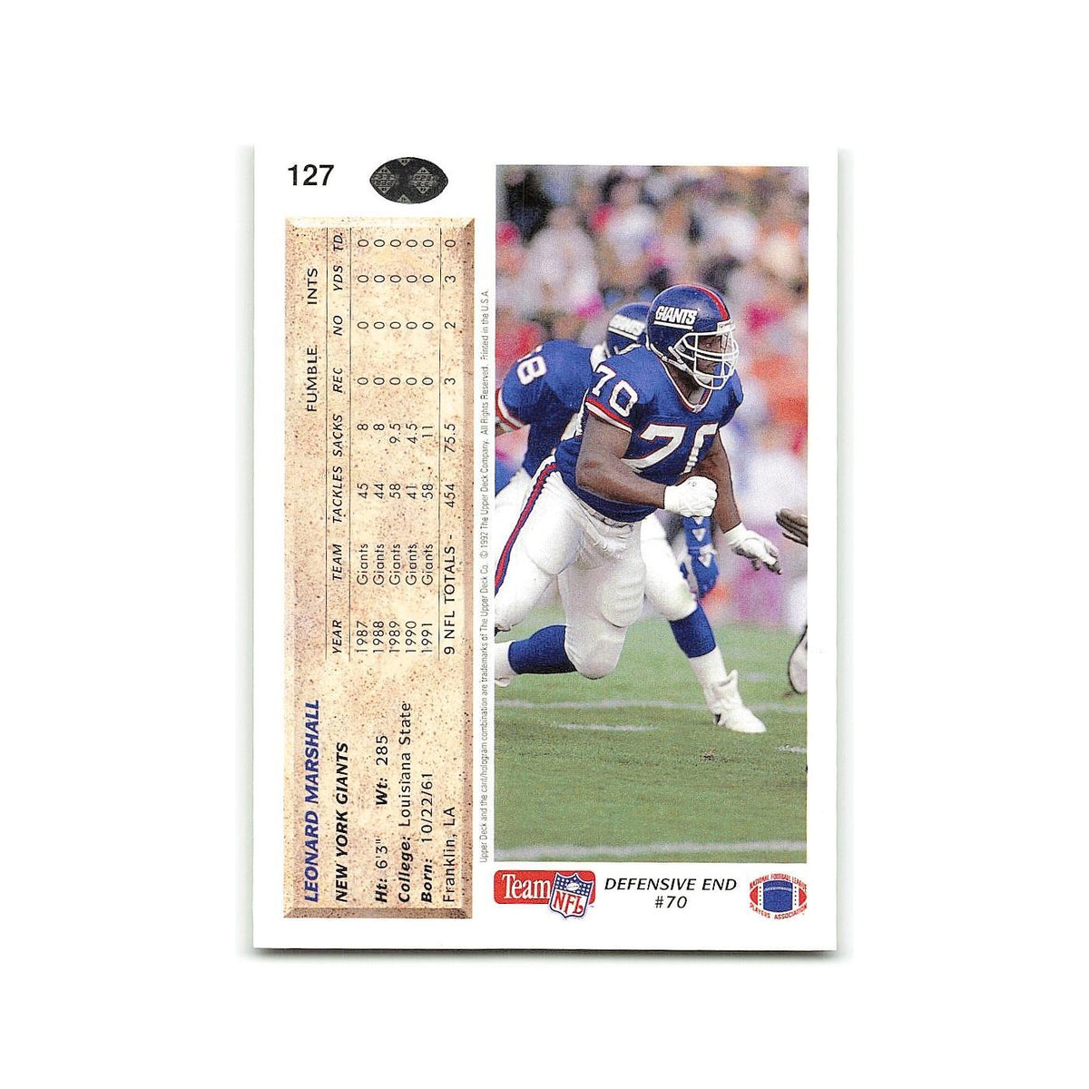 Leonard Marshall 1992 Upper Deck #127 New York Giants Football Card NM