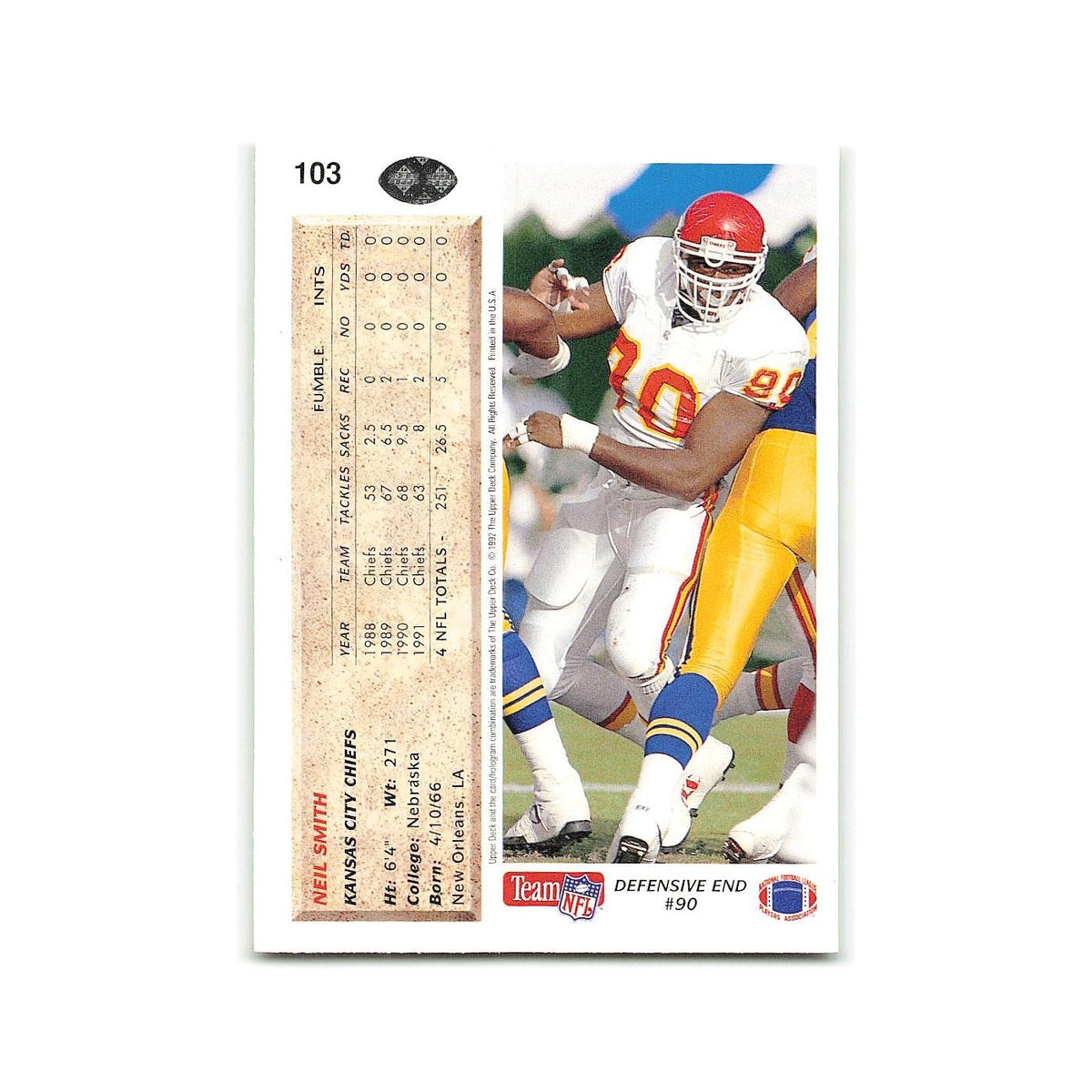 Neil Smith 1992 Upper Deck #103 Kansas City Chiefs Football Card NM
