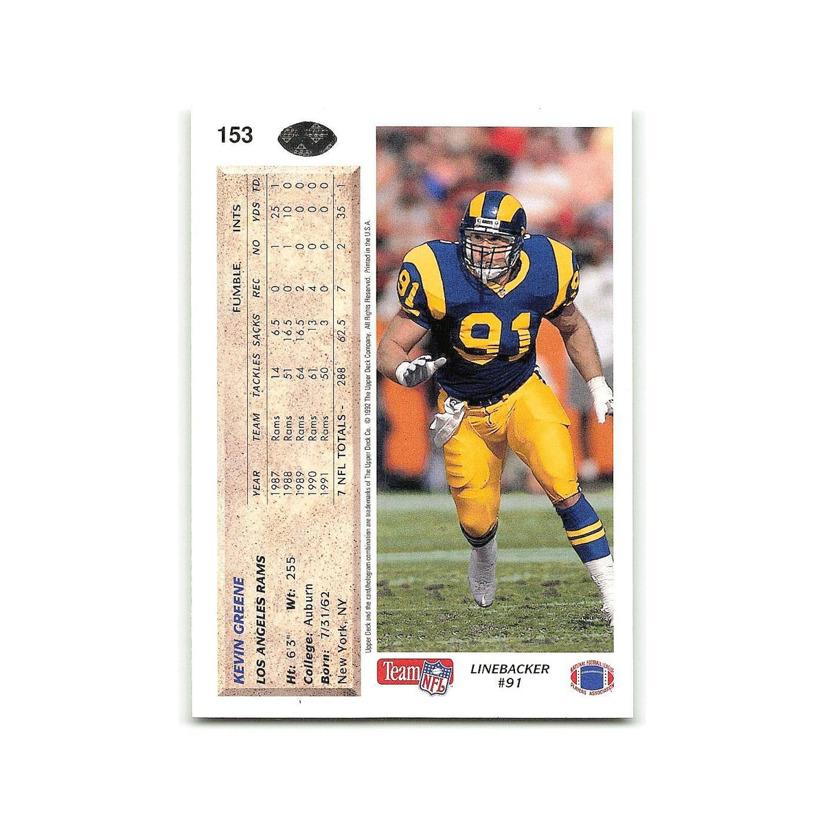 Kevin Greene 1992 Upper Deck #153 Los Angeles Rams Football Card NM
