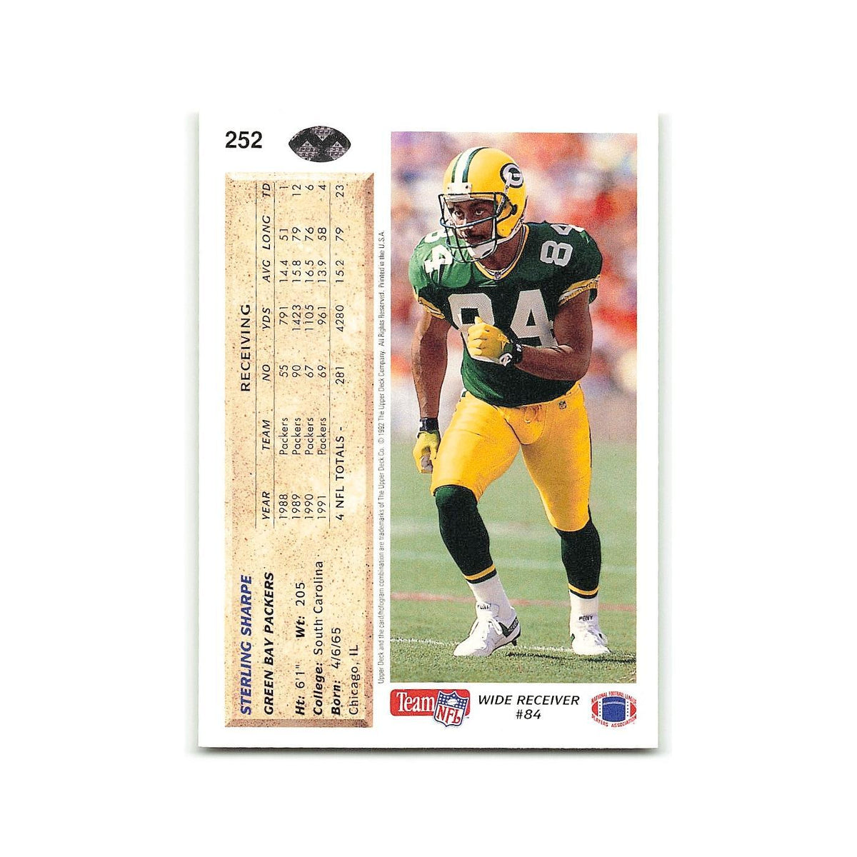 Sterling Sharpe 1992 Upper Deck #252 Green Bay Packers Football Card NM