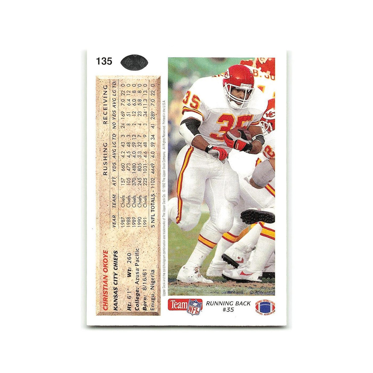 Christian Okoye 1992 Upper Deck #135 Kansas City Chiefs Football Card NM