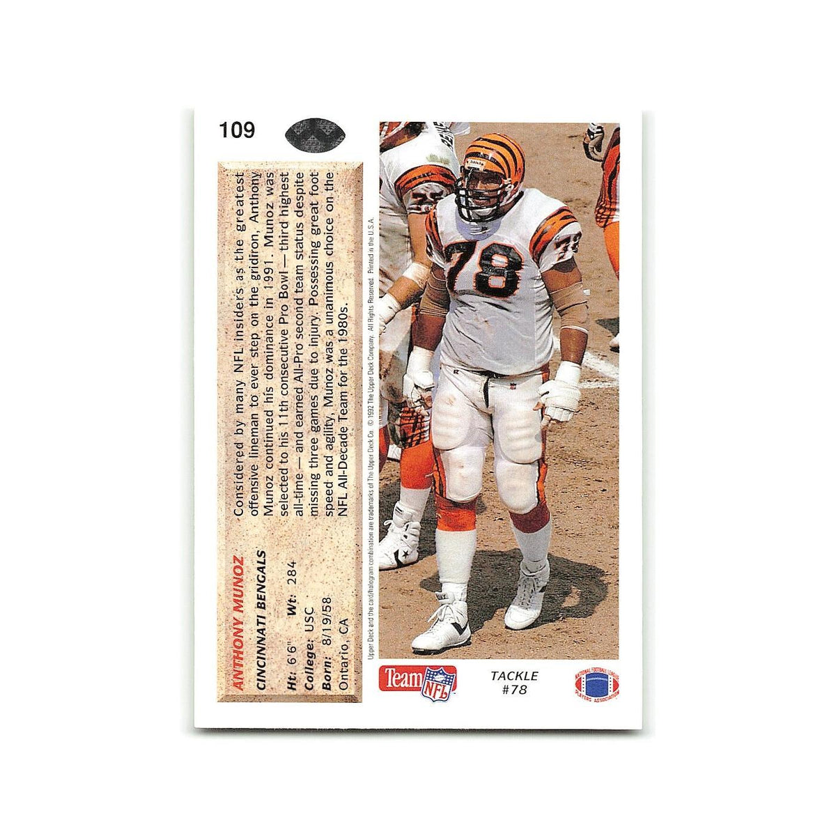 Anthony Munoz 1992 Upper Deck #109 Cincinnati Bengals Football Card NM
