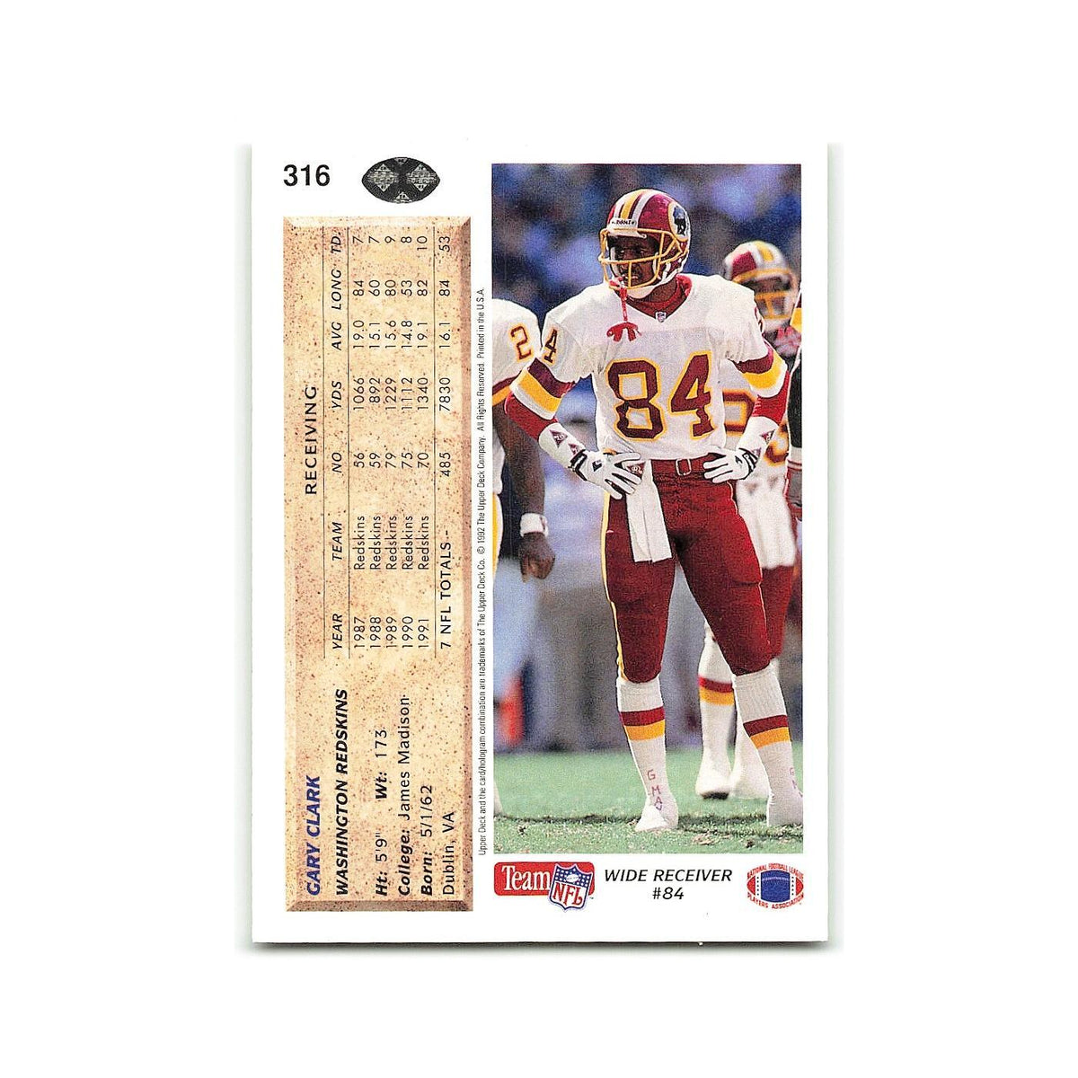 Gary Clark 1992 Upper Deck #316 Washington Redskins Football Card NM