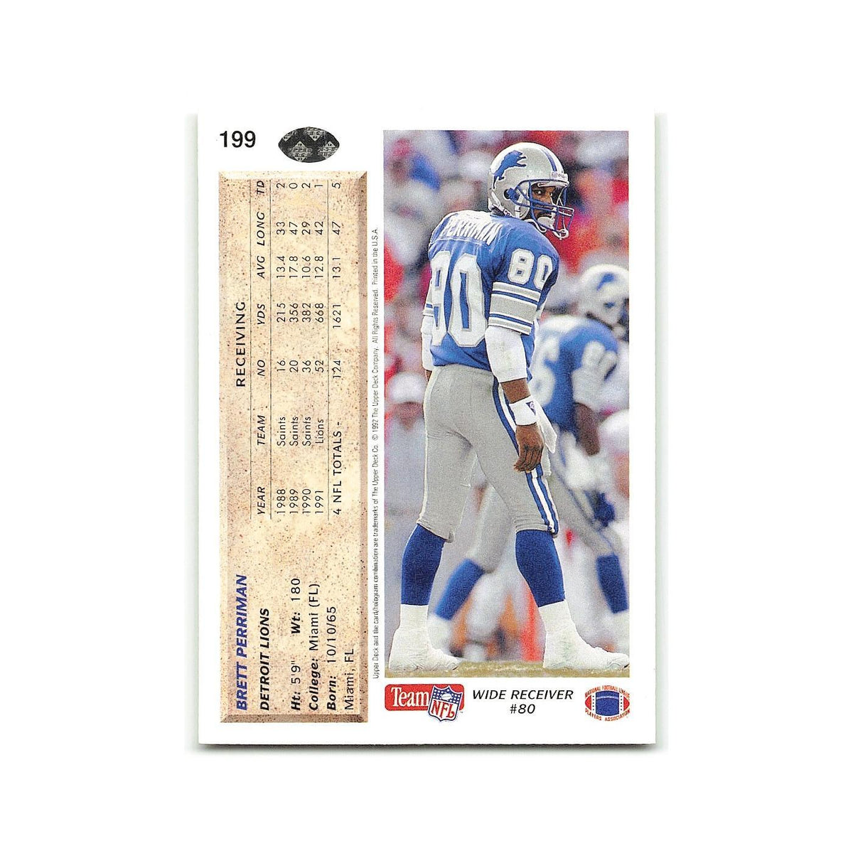 Brett Perriman 1992 Upper Deck #199 Detroit Lions Football Card NM